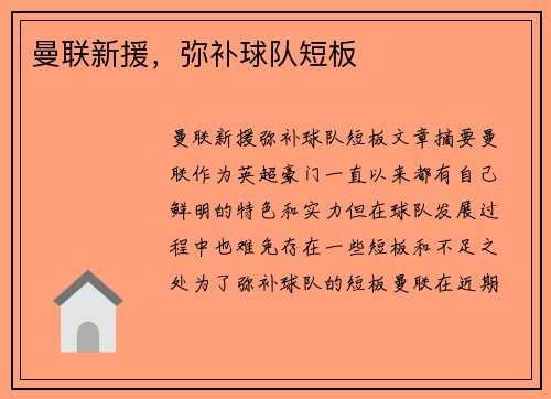 曼联新援，弥补球队短板